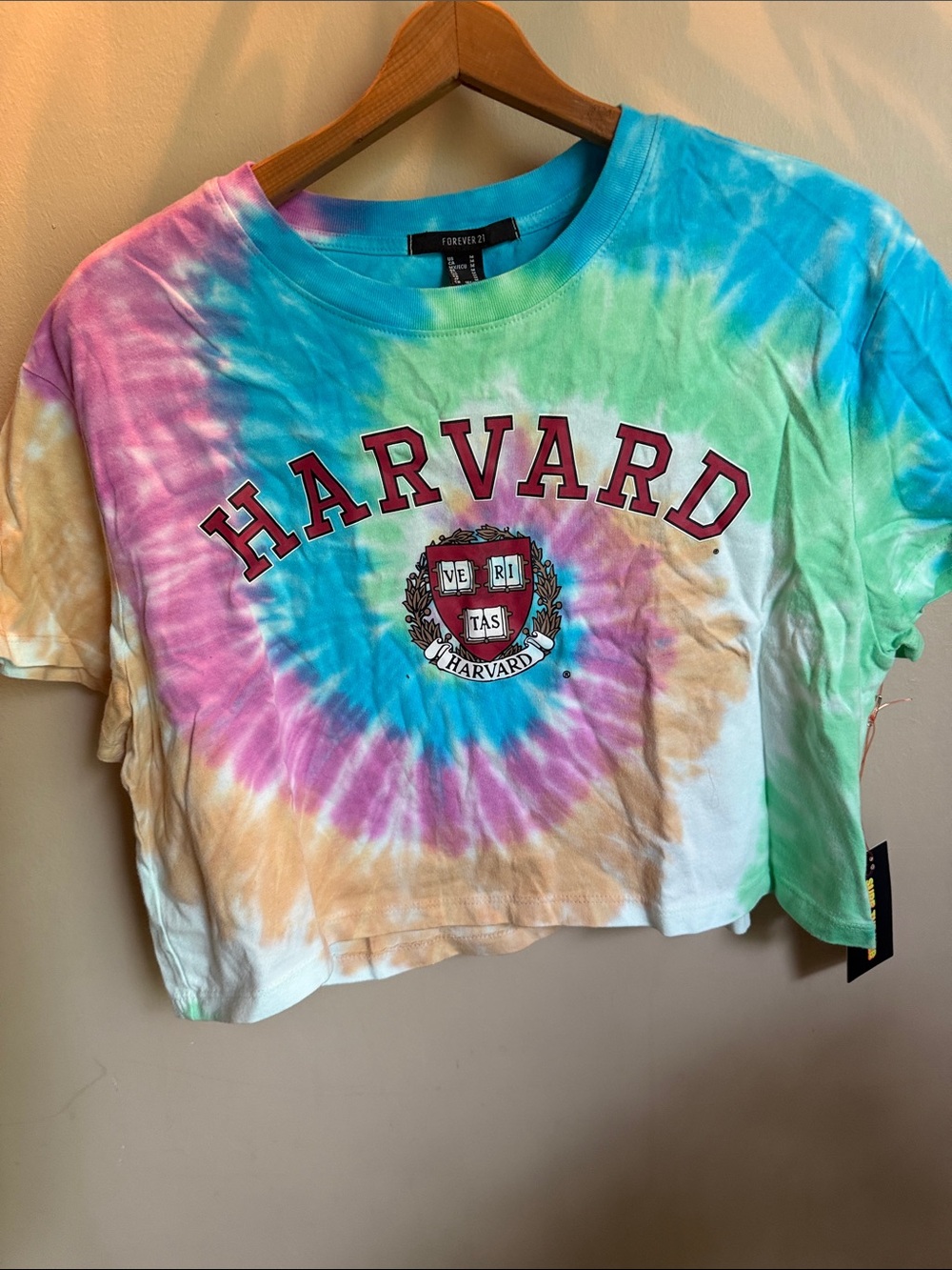 Forever 21 Tie-Dye Harvard Crop Top - Pink, Blue, Green, Yellow
